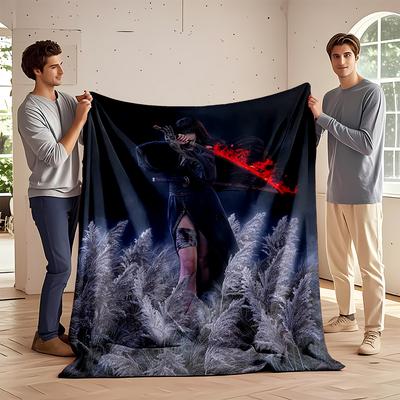 Samurai Woman with Glowing Red Katana, Flannel Blanket for Bedroom, Living Room, Sofa, and Nap Sofas.