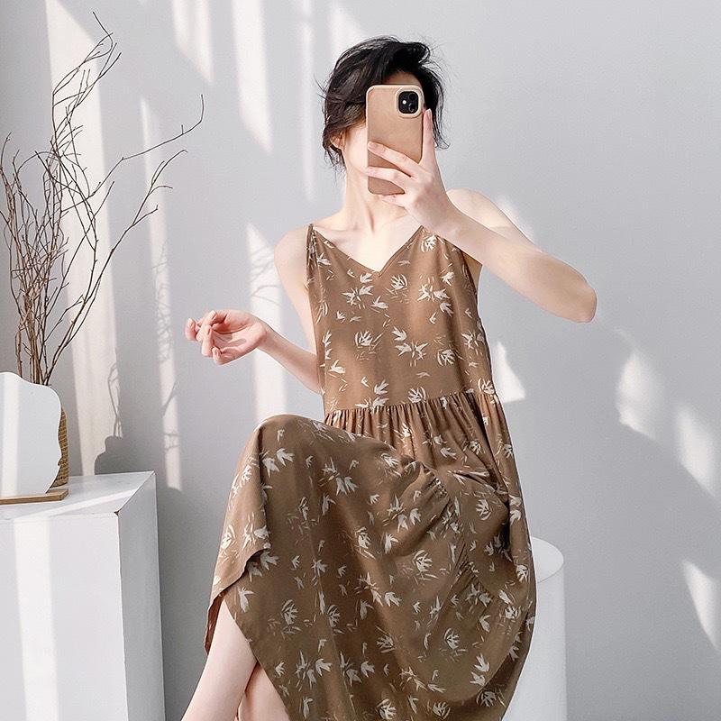 New Women's Cotton and Silk Nightgown Summer Thin Large Size Printing Sweet Floral Pajamas Sleeveless Outer Suspenders