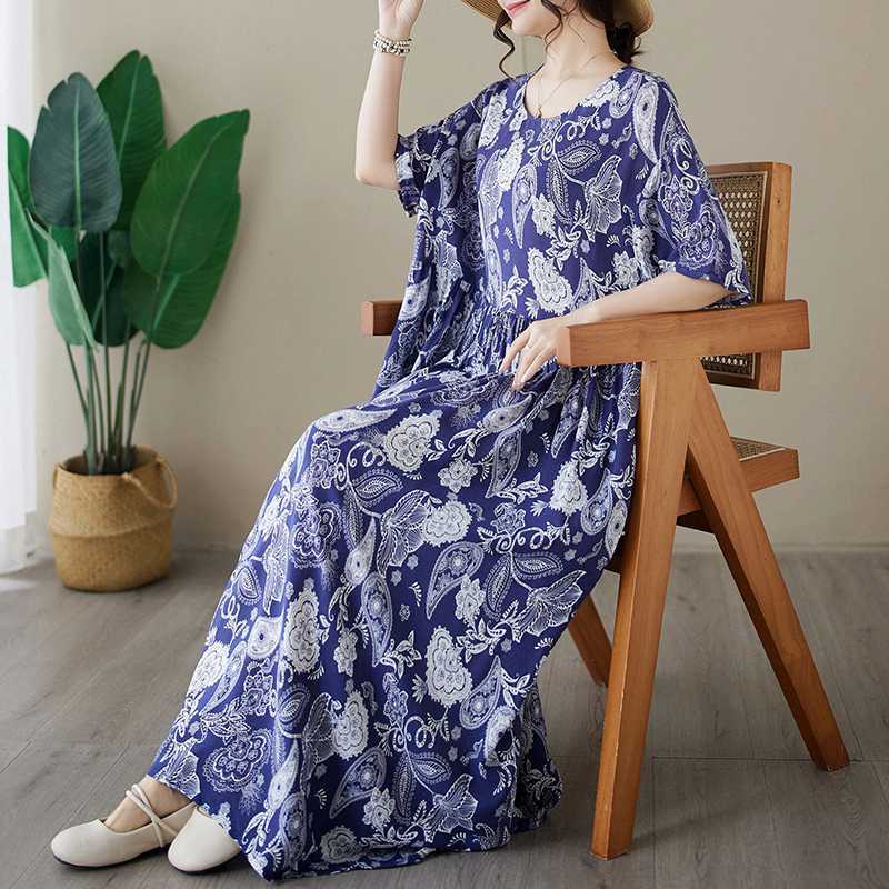 

Простое модное длинное платье с короткими рукавами и круглым вырезом, летние повседневные платья с принтом one size синий