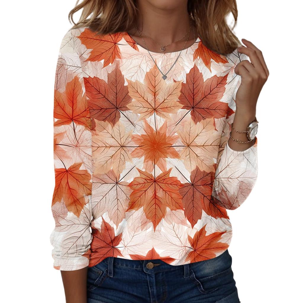 Women's Casual Long Sleeve Blouse with Leaves Print Round Neck Top for Everyday Wear