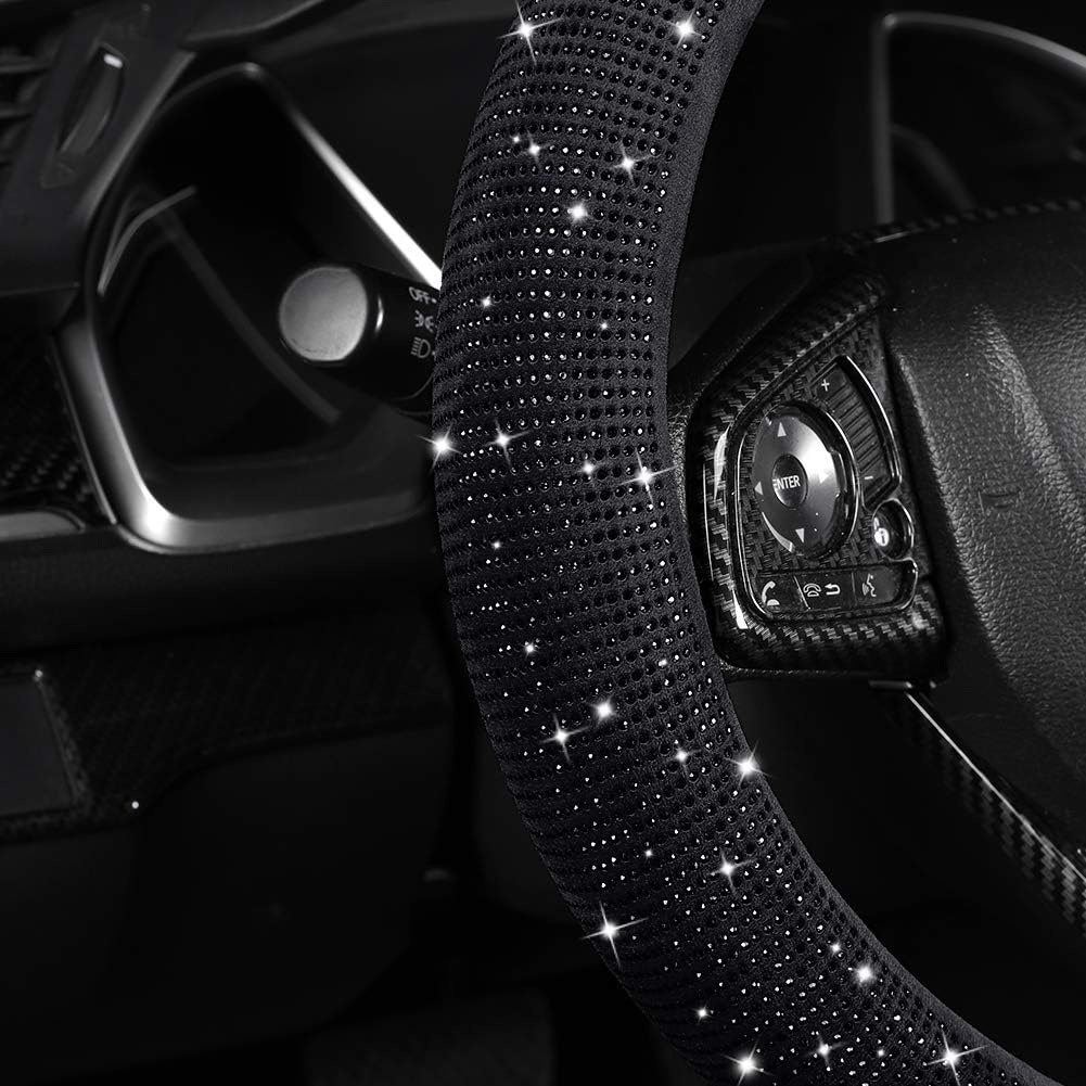 Women Fashion Black Velvet Bling Steering Wheel Cover with Black Diamonds, 15 Inch Standard Glitter Rhinestone Car Wheel Cover Sparkling, Full