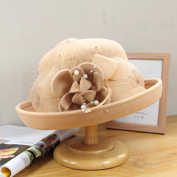 Autumn and winter hat women's British retro woolen top hat fashion mesh flower felt hat dome crimped basin hat