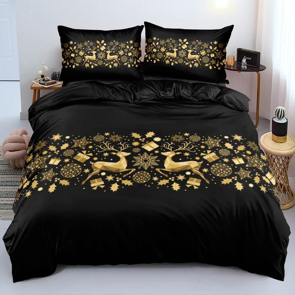 Täcke Svart och Guld Stil God Jul Design 3D Blommig Sängklädesset S Blomma Anpassad King Queen Full Storlek