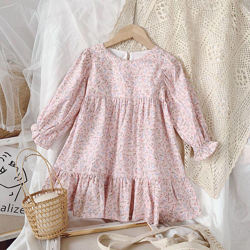 Girls' Floral Long-Sleeve Mid-Length Spring 2025 Princess Dress - Korean Pastoral Style