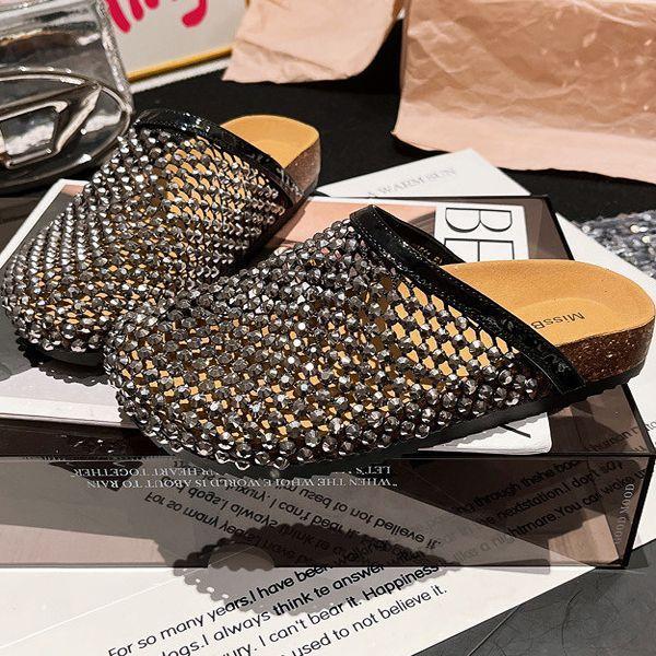 2025 Summer Rhinestones Full Diamonds Fishing Net Baotou Big Head Baotou Half Slippers Sandals Toboken Shoes Flat Women's Shoes