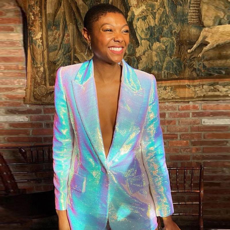 Conjunto de dos piezas de blazer y shorts con lentejuelas elegante 2026