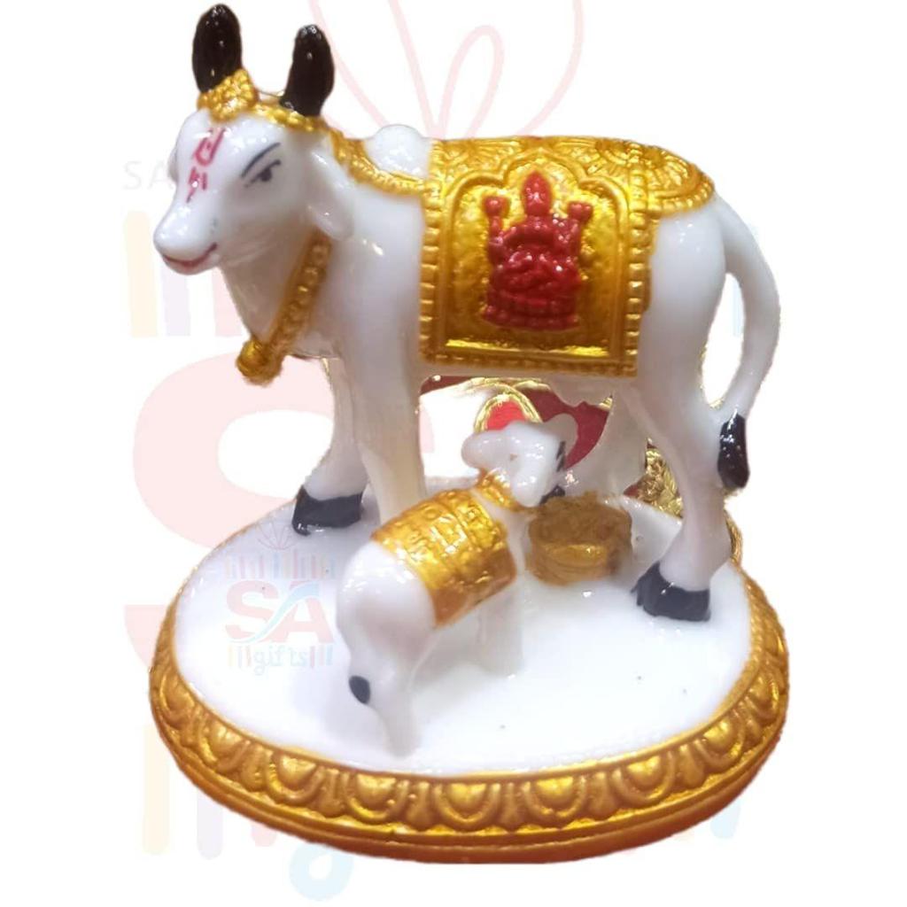 Handicraft Decorative Polystone Cow and Calf Big Statue/Idol for Gift Home Decor 3 inch (White Golden), Religious
