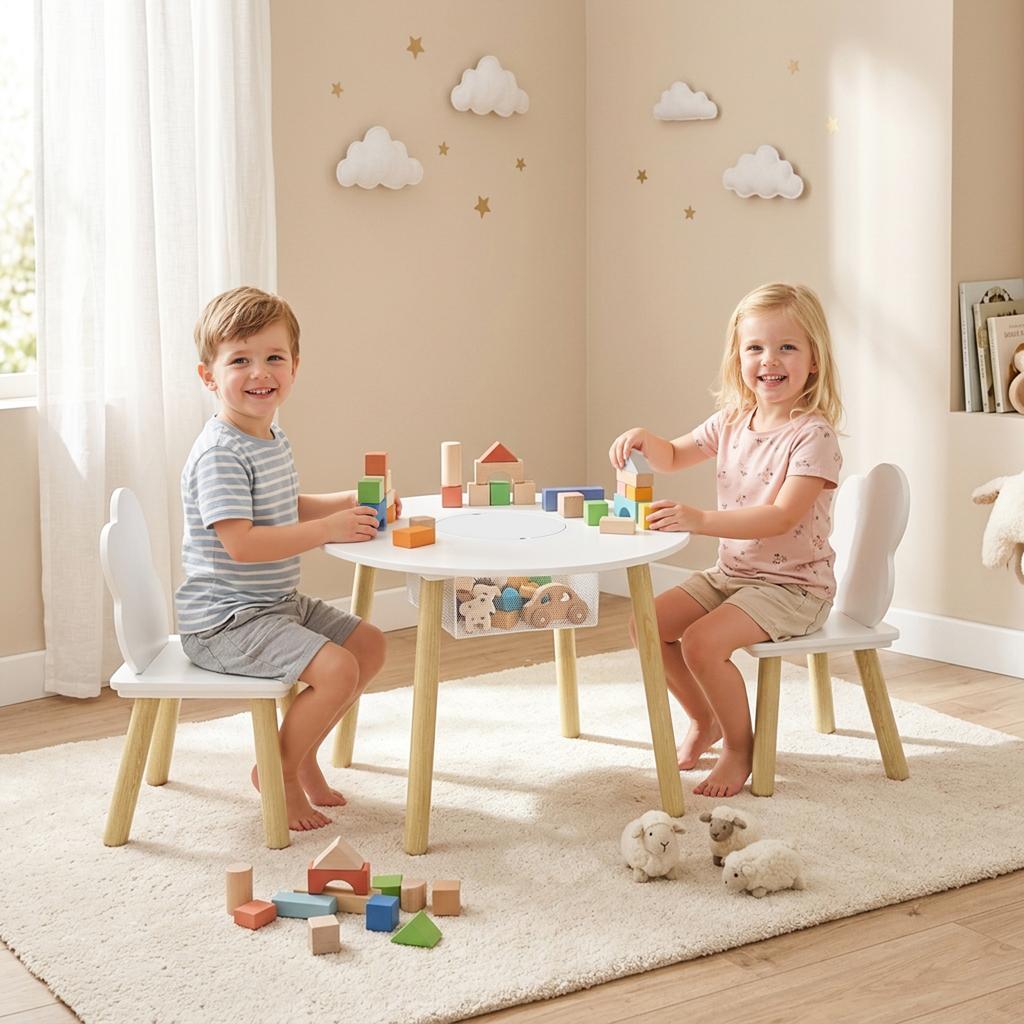 Children's table with chair, table and 2 chairs set in wood with storage bag for drawing, playing, studying, white