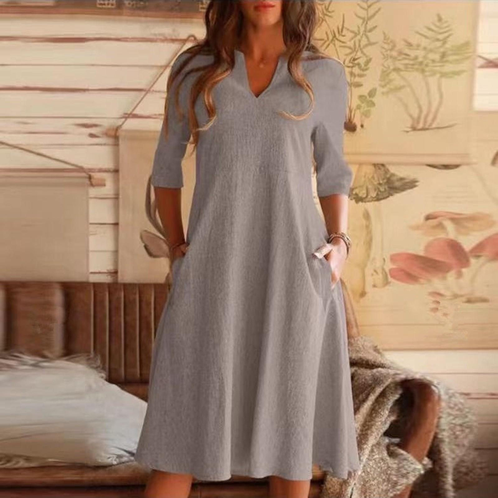

Женские повседневные свободные платья с V-образным вырезом и половиной рукавов с карманами А-силуэта Элегантные свободные платья L серый