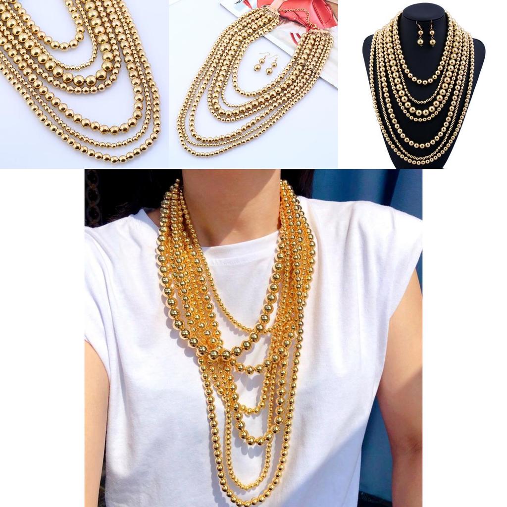 Collier Oversize Style Européen Orné de Perles Dorées au Design Géométrique pour Femmes