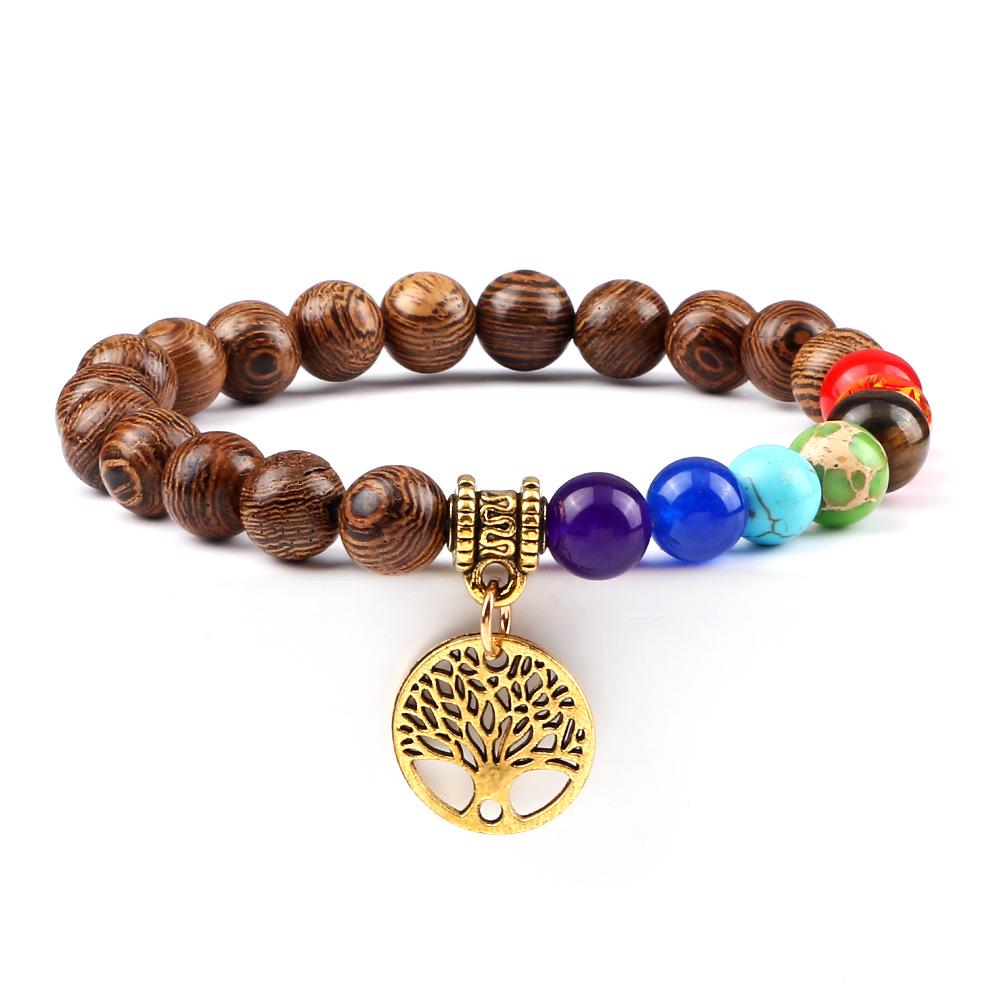 European & American Cross-Border E-commerce Creative 8mm Bead Bracelet with Volcanic Lava & Wooden Beads featuring an Alloy Tree of Life Pendant.