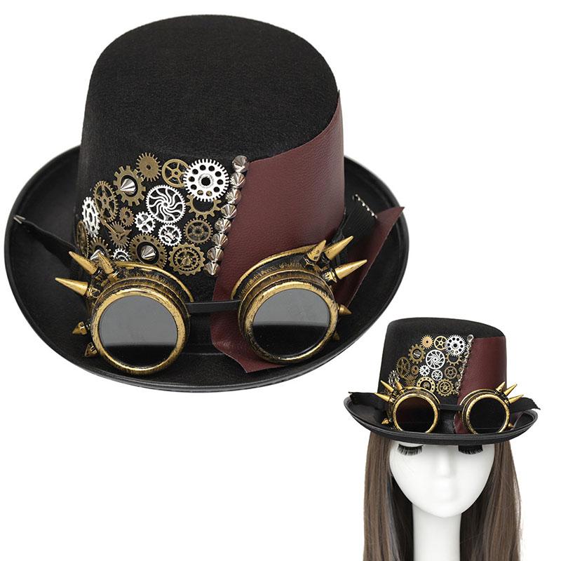 New Trendy Punk Vintage Steampunk Top Hat With Goggles Gothic Leather Headwear Holiday Cosplay Party Hat Halloween Accessories