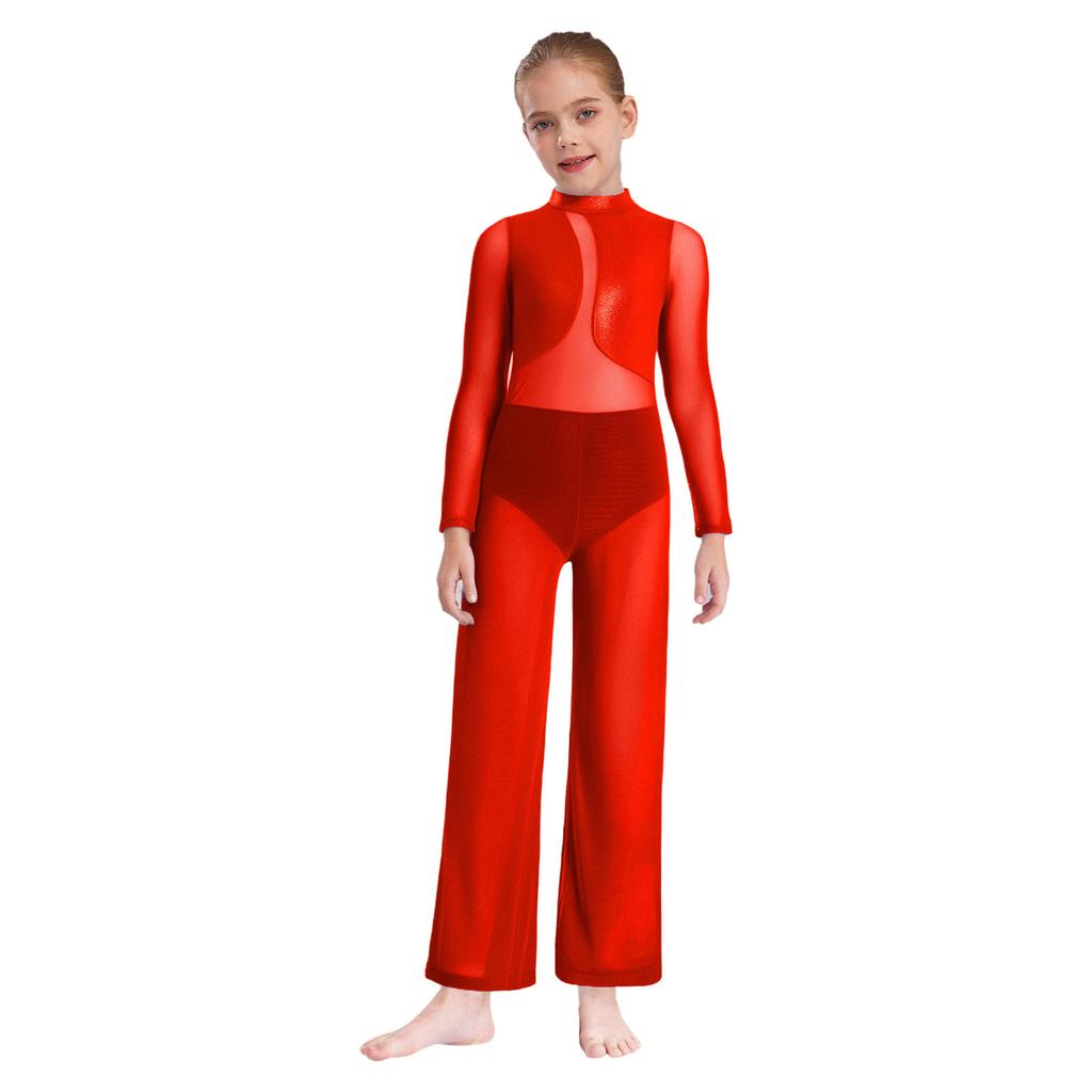 Girls Gymnastics Performance Costume Sheer Mesh Patchwork Wide Leg Metallic Long Sleeve Jumpsuit