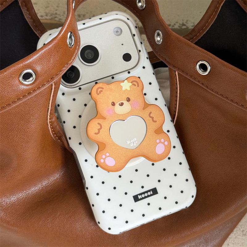 Magnetic Mirror iPhone Case with Korean Style Polka Dot Bear Heart Design (Compatible with iPhone 17, 16 Pro Max, 15, 14)
