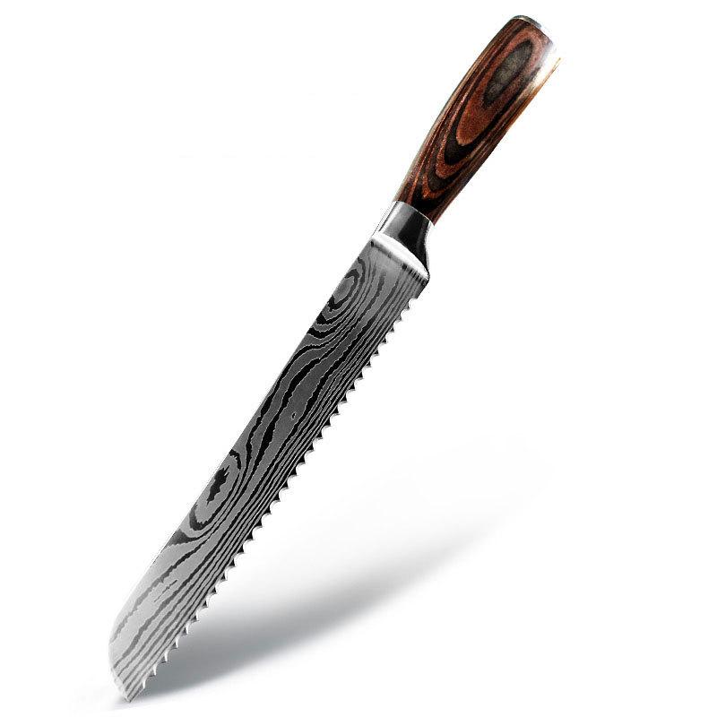 Nerezová ocel Laser Grain Kuchařský nůž Barva Dřevěná rukojeť Imitace damaškového kuchyňského nože Japonský nůž na kosti Santoku Nůž na chléb