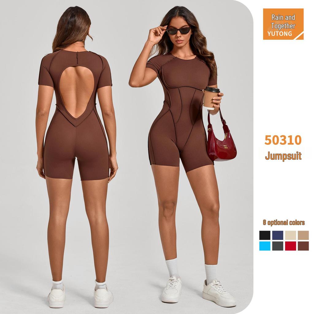 Europäischer & Amerikanischer 3D Ästhetischer Kurzarm Jumpsuit mit Offenem Rücken für Yoga und Fitness