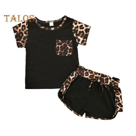 

Комплект из 2 предметов с леопардовым принтом для девочки, летний топ с короткими рукавами и круглым вырезом, шорты, милый костюм для сестер на каждый день, для фотосессий и вечеринок 110 cm чёрный