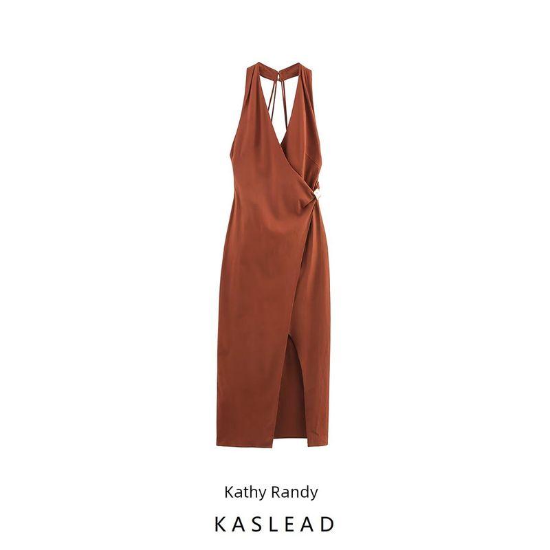 Kaslead New Women clothes Western Style Fashion Blended Gold Inlaid Midi Dress 3021723