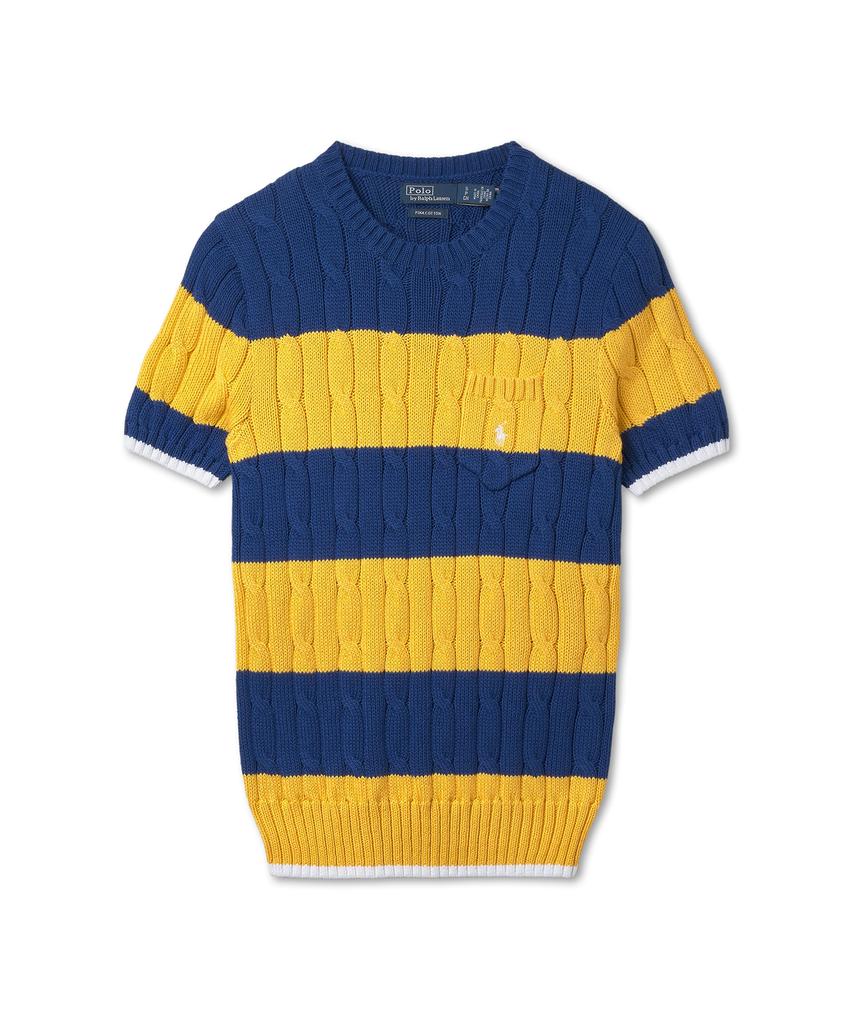 POLO RALPH LAUREN W Striped Cable Knit Cotton Sweater - Blue Yacht/White