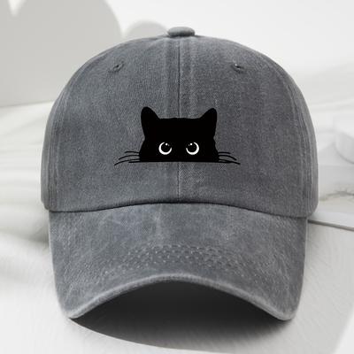 Boné de beisebol lavado vintage com estampa de gato fofa para homens e mulheres, chapéu versátil casual de aba curva
