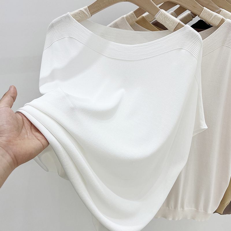 

Простота мода лето тонкий стиль ледяной шелк футболки женские с круглым вырезом однотонные винтовые нити повседневные свободные короткие рукава трикотажные топы S белый