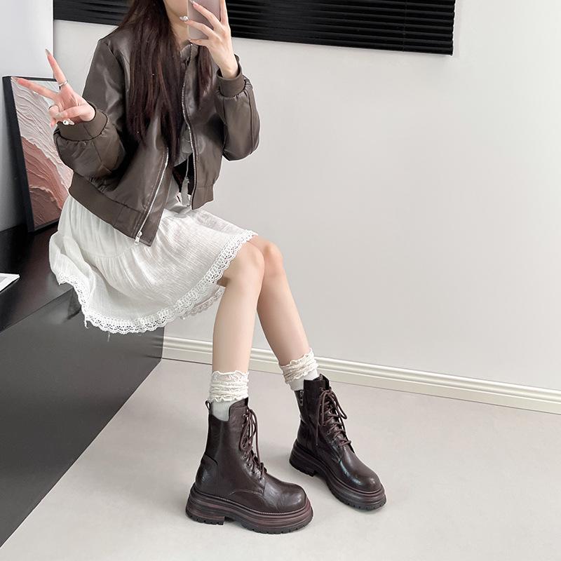 Thick-Soled Melard Women's British-Style Lace-Up Martin Boots, 2025 Round-Toe Chunky Heel Mid-Calf Short Boots