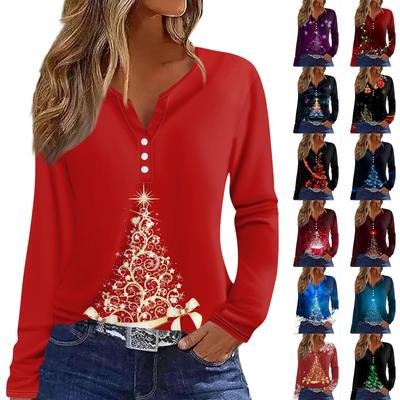 Women's T Shirt Tee Christmas Print Button Long Sleeve Daily Weekend Fashion Basic V- Neck Regular Top