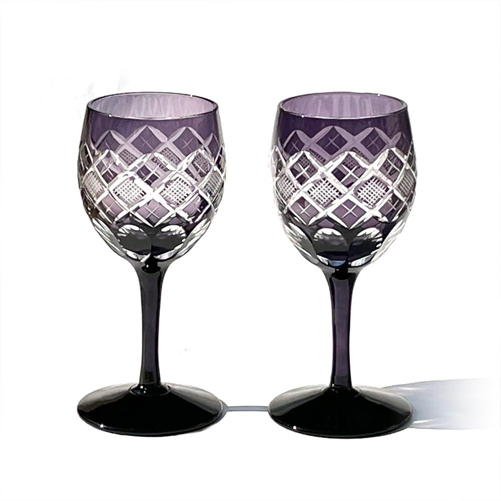 Taiburo Edo Kiriko Yarai Nanko Crest Wine Glass Pair Wooden Made In Japan [Official Workshop] (Edo Purple) TB90408Ms, Boxed,