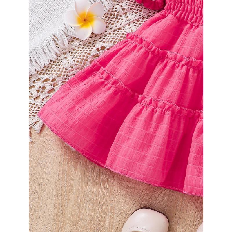Abito plissettato con cinturino per bambina Manica estiva per bambini Cuciture casual Torta Abiti da principessa Abiti per bambini da 2 a 8 anni