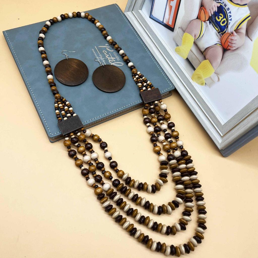 Cross Retro Ethnic Wooden Beads Multi-layer Necklace - Bohemian Sweater Chain Accessory