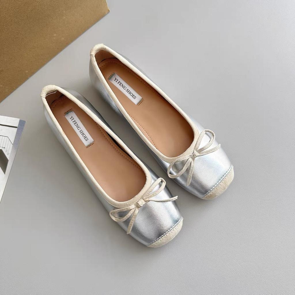 Inner Height Increase of 5 Cm~ Sweet Square Round Head Small Man Silver Light Mouth Bow Ballet Shoes Single Shoes
