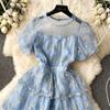 Summer Lace Hook Flower Embroidered Bubble Sleeve Dress for Womenfashion Slim Waist Dress Female A-line Cake Party Retro Dress
