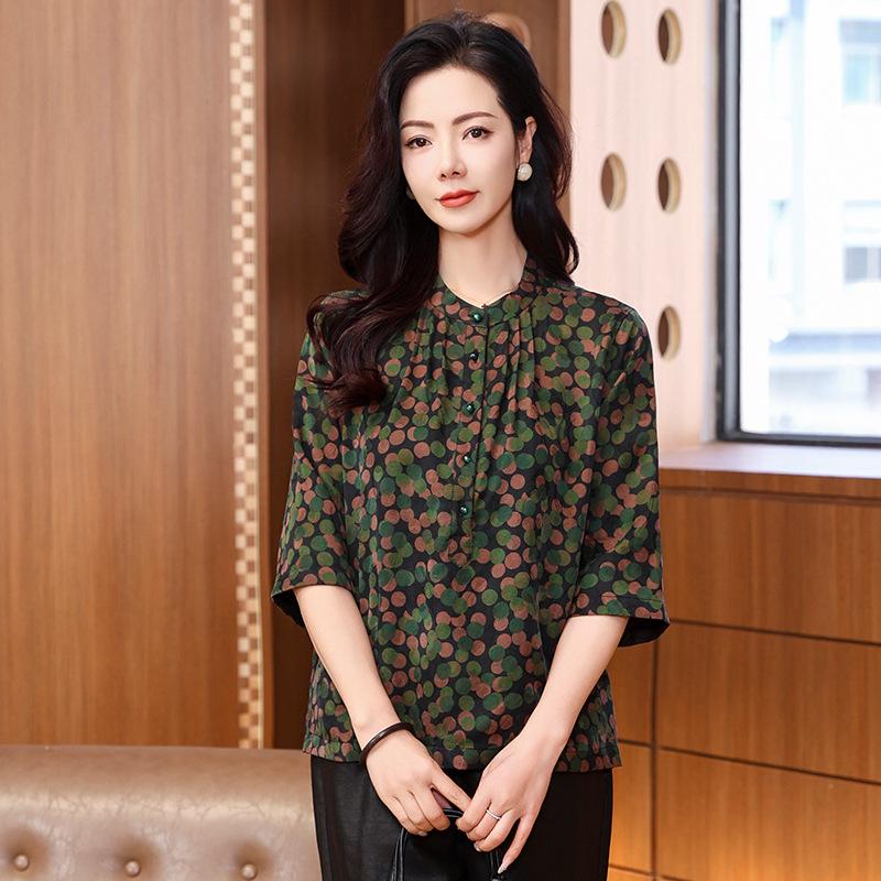 Elegant temperament flower Luo cloud yarn top women's spring and autumn new seven-quarter sleeve stand-up collar small floral mulberry silk shirt