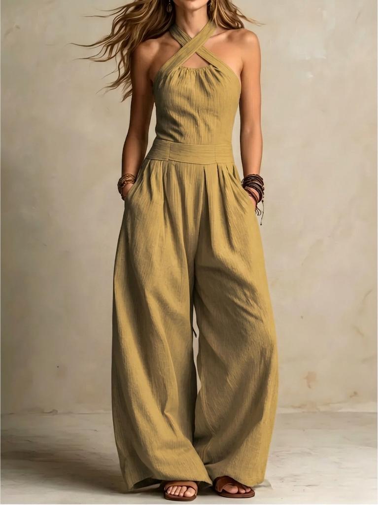 2026 summer new neck cross jumpsuit, European and American style waist back wide-leg pants, cross-border women's clothing