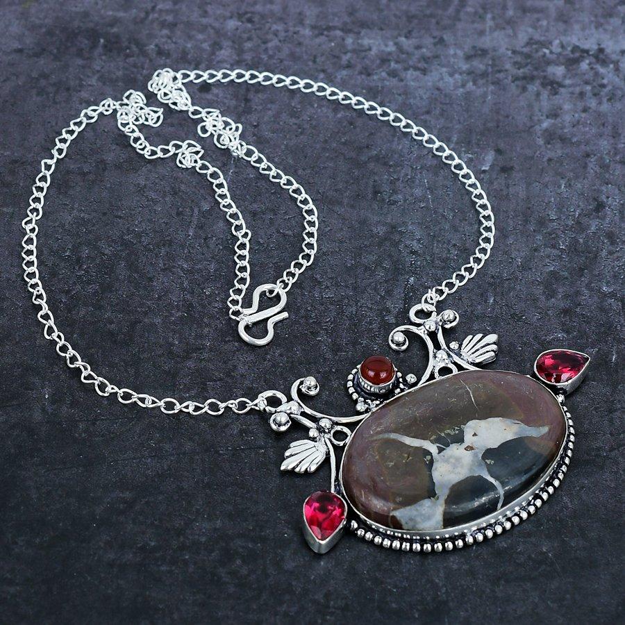 Natural Mud Crack Fossil, Garnet 925 Sterling Silver Jewelry Necklace 18" I4g13