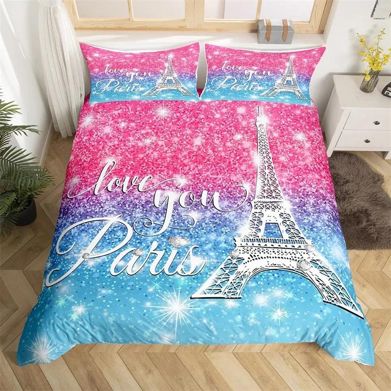 Paris Duvet Cover Set Eiffel Tower Bedding Set Queen Polyester Romantic French Flower Quilt Cover For Girl Teen Women Room Decor