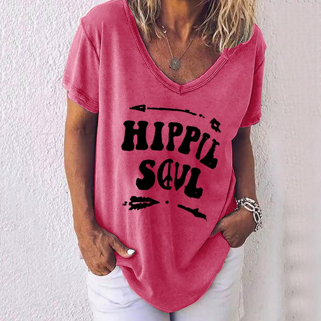 Letter Print Cutout Shoulder V-neck T-shirt and Pink Black