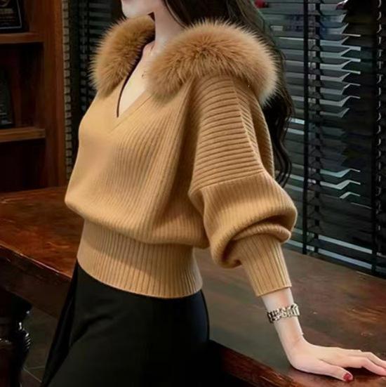 Autumn/Winter Korean-Style Knit Sweater with Soft Fur Collar - Women's Loose, Lazy Fit