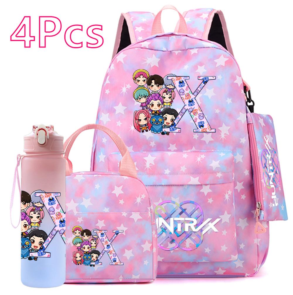 4Pcs/set 26 English Letter K-POP Printed Backpack Handbag Pencil Case 750Ml Water Bottler for Teenager Boy Girl Bookbag Schoolbag With Drinking Cup