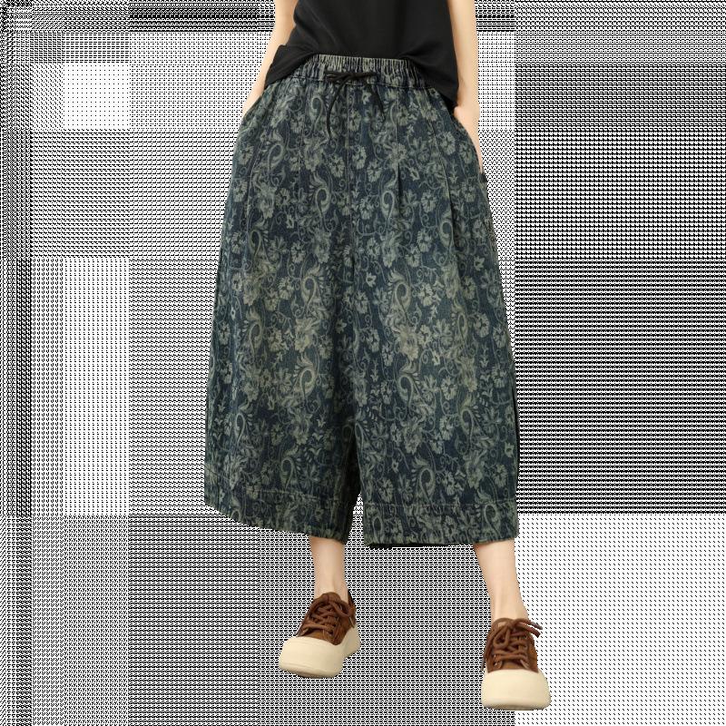 Nieuwe Plus Size Bloemen Jacquard Zacht Denim Wijde Pijp 7/8 Broek - Casual Zomer Mode