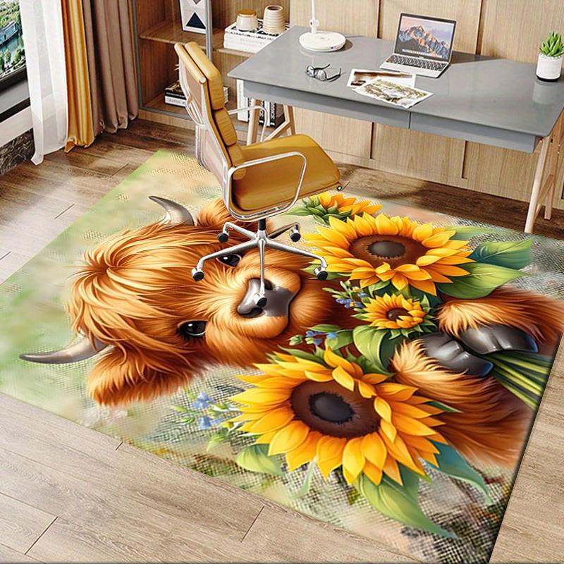 Highland Bull Theme Sunflower Chair Mat Office Carpet, Large Rug for Home Decor, Desk Pad Gift, Suitable for Bedroom, Living Room, Various Rooms