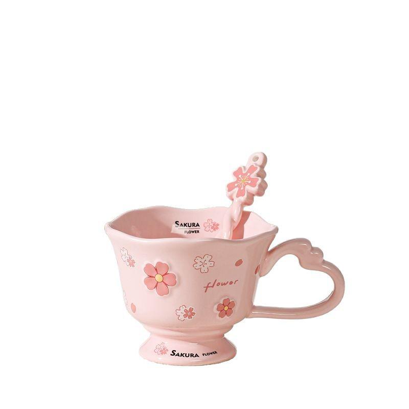 Personalized Cherry Blossom Embossed Ceramic Mug with Spoon – Creative Pink Souvenir Cup