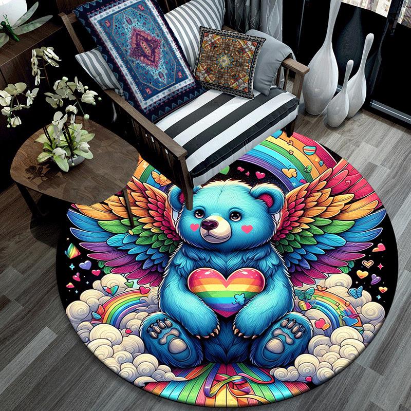 1pc Soft, Absorbent & Non Slip Cute Little Bear with Wings Round Rug Soft Circle Rug for Living Room & Bedroom Decor, Chair Mats, and Unforg