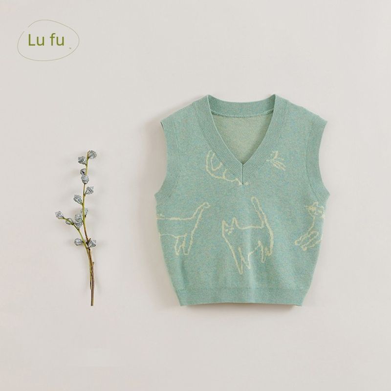 [Mark Jenny French Style] Girls  Graffiti Cat V-Neck Knitted Vest Children s Spring and Autumn Top 230299 Lake Green 100