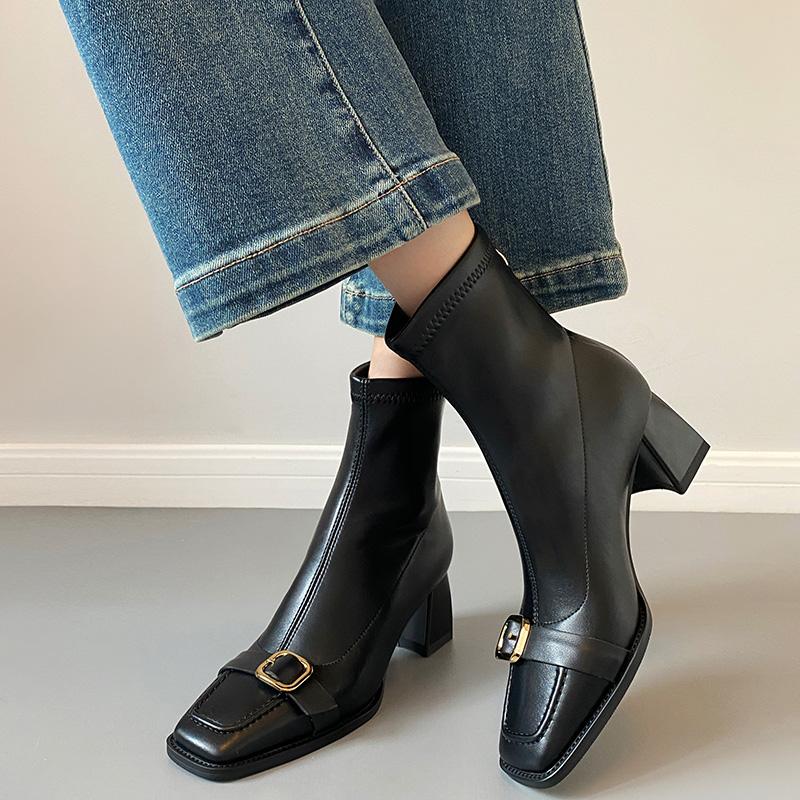 Fashion Vintage Thick Heel Woman Ankle Boot Fashion Belt Buckle Ladies Elastic Slim Short Booties Autumn Winter Women's Shoes