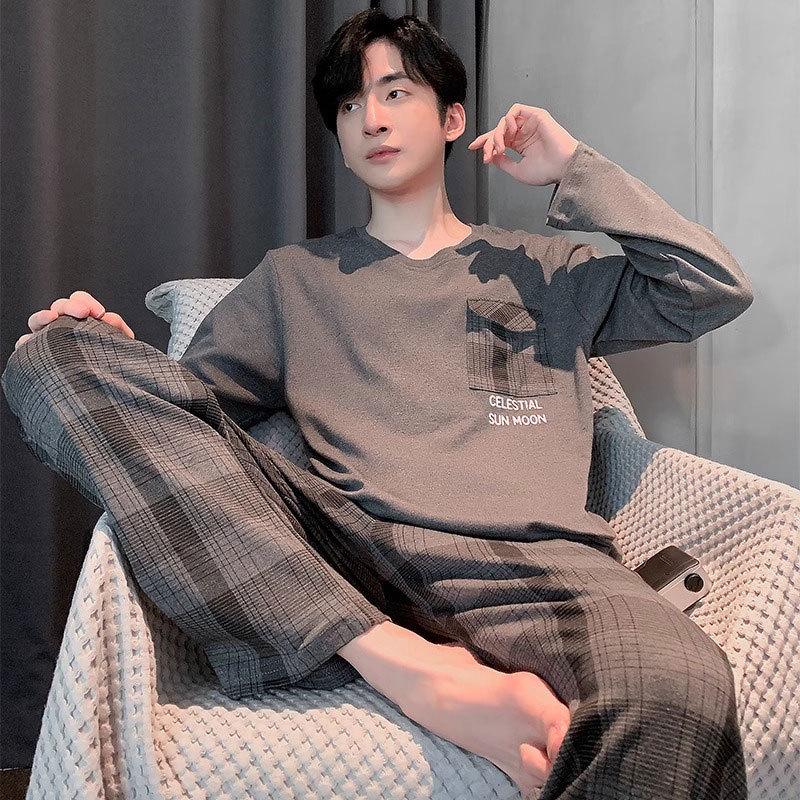 High-Quality Men's Korean-Style Loose Long-Sleeve Pajamas for Spring/Autumn – Casual, Versatile Homewear Set