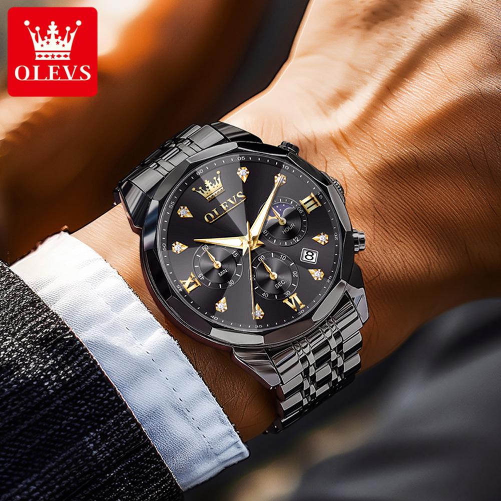 OLEVS Men Watch Fashionable Original Moon Phase Quartz Watch Waterproof Luminous Automatic Date Stainless Watch Gifts