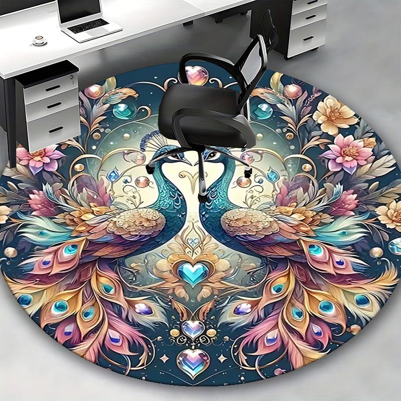 1 Stück Fantasy Pfauenpaar Runder Teppich Anime Design Bürostuhlmatte, Rutschfester Teppich für Heimdekoration, Geschenk, Büro, Wohnzimmer, Schlafzimmer
