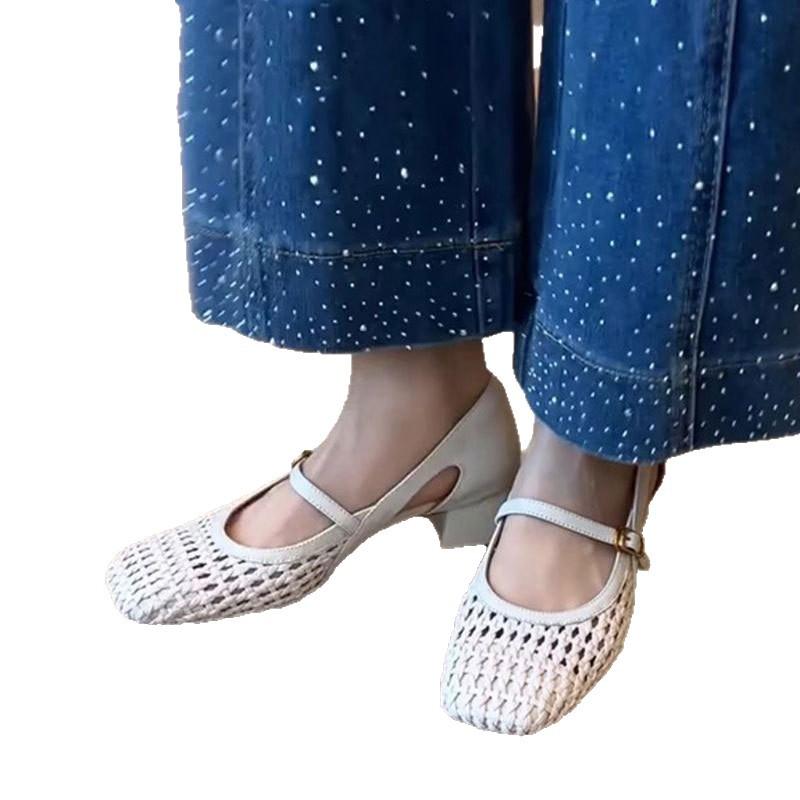 Super Soft Leather~ French Cool Single Shoes Women's Woven Hollow Hole Shoes Retro Shallow Mouth Side Hollow Breathable Mary Jane Shoes