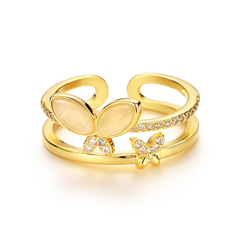 Double-layer Diamond-set Butterfly Ring, Versatile Femininity Adjustable Index Finger Ring, Light Luxury Fashion Design Jewelry